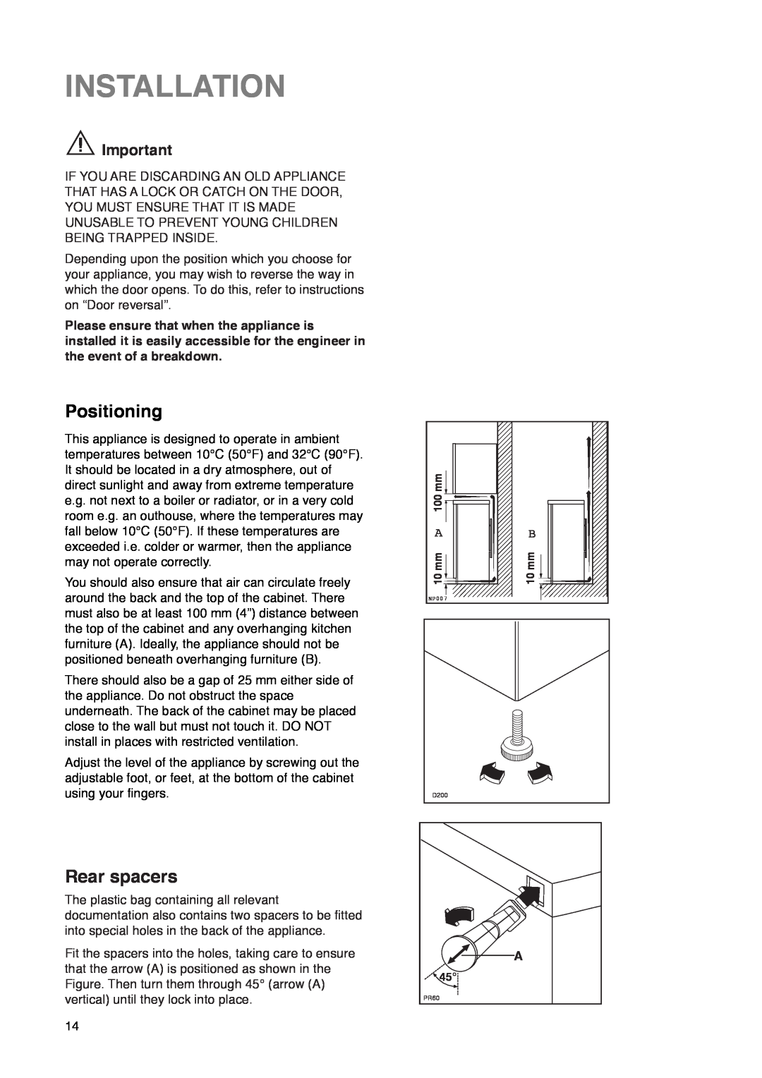 Zanussi ZC 85 L manual Installation, Positioning, Rear spacers 