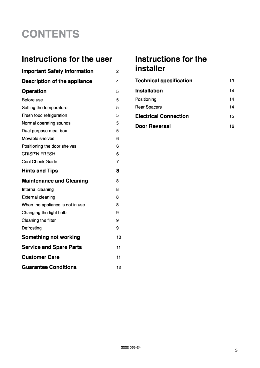 Zanussi ZC 85 L manual Contents, Instructions for the user, Instructions for the installer 