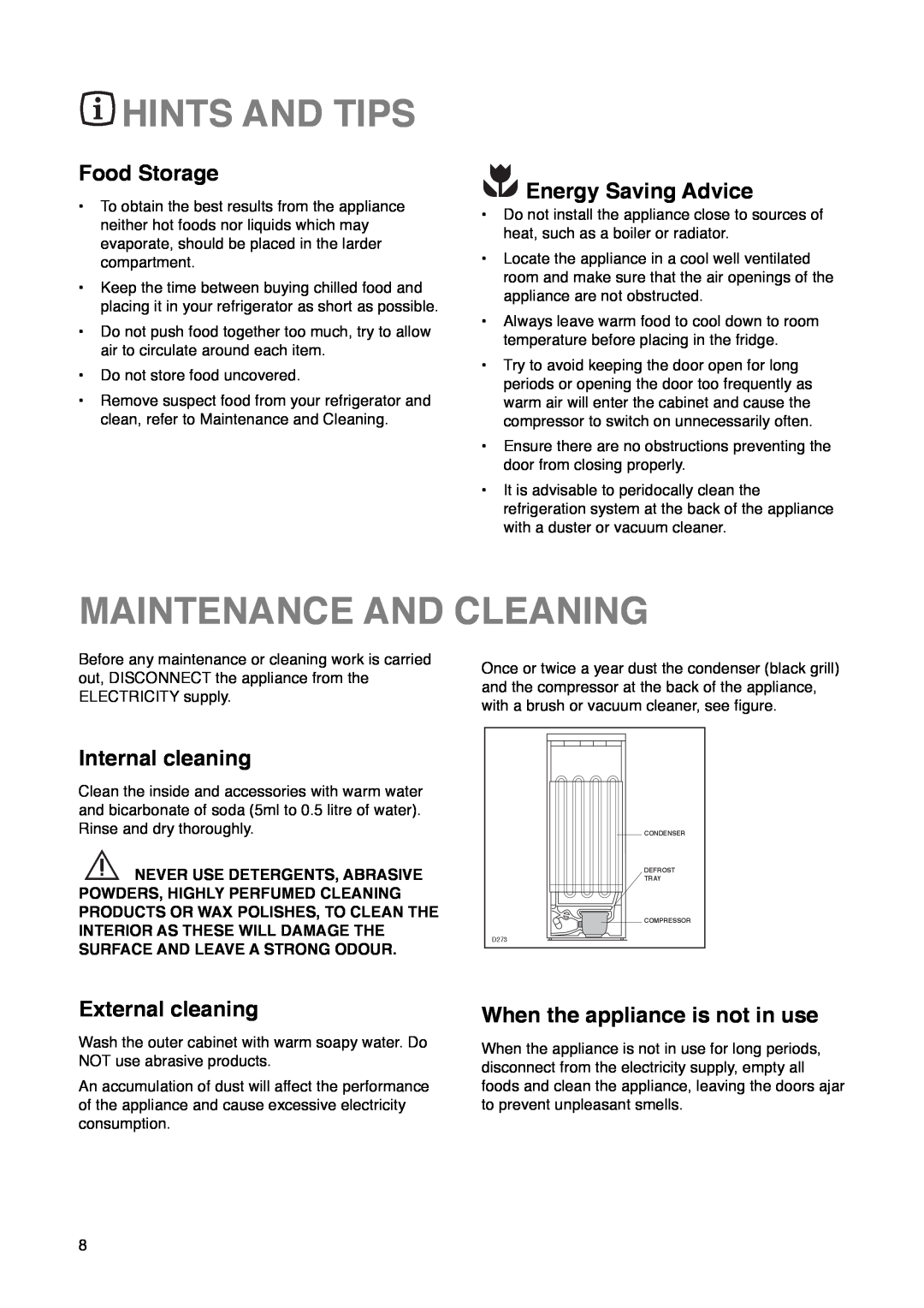 Zanussi ZC 85 L manual Hints And Tips, Maintenance And Cleaning, Food Storage, Energy Saving Advice, Internal cleaning 