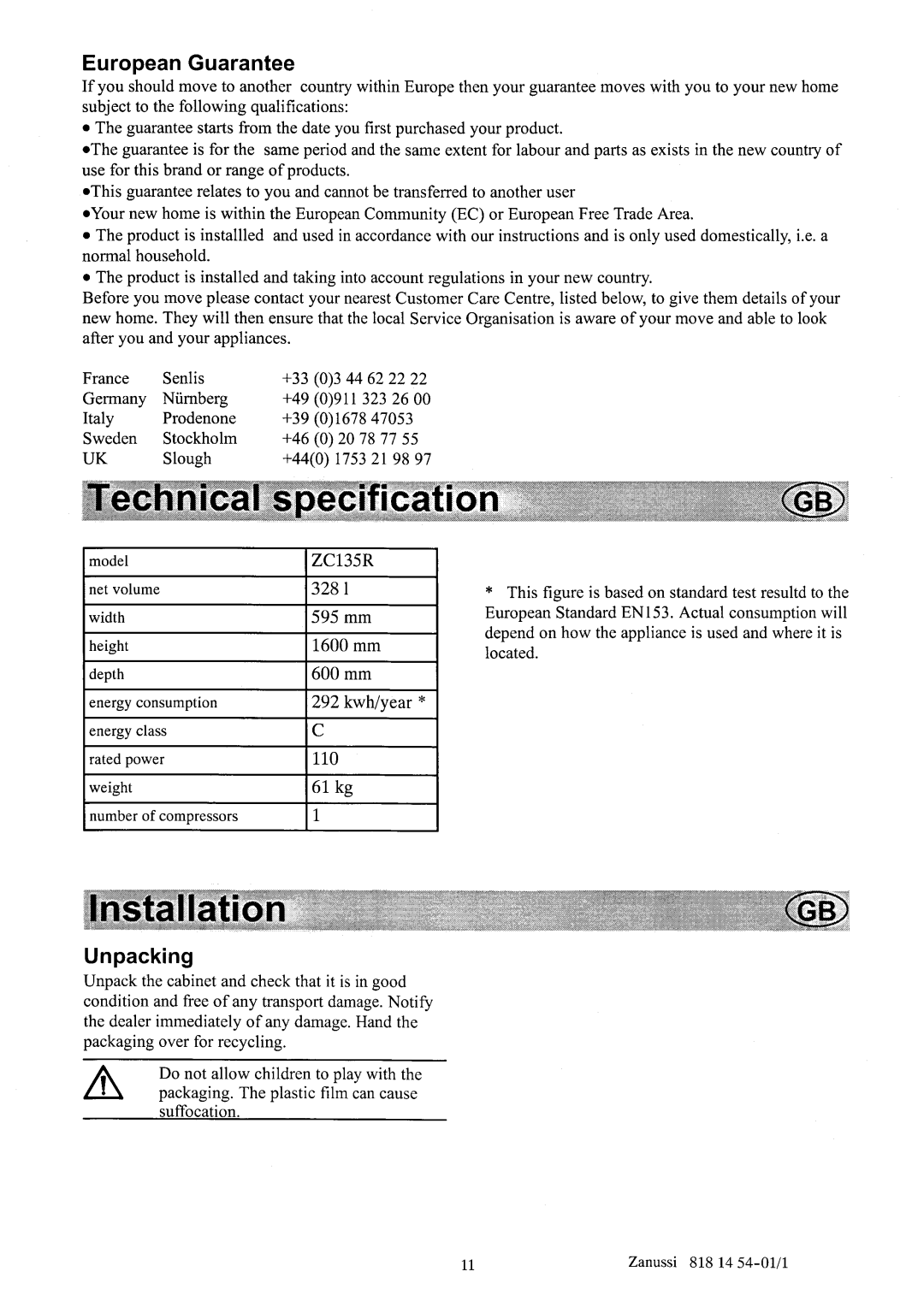 Zanussi ZC135R manual 