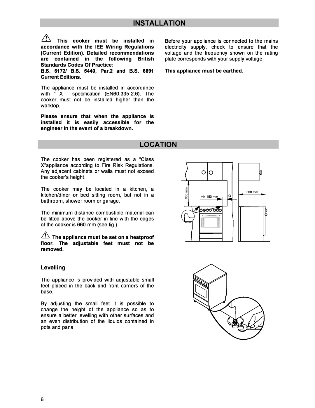 Zanussi ZCE 531 GB manual Installation, Location, Levelling 