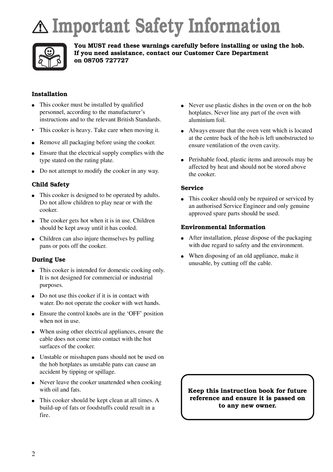 Zanussi ZCE 600 W, ZCE 610 X Important Safety Information, Child Safety, During Use, Service, Environmental Information 