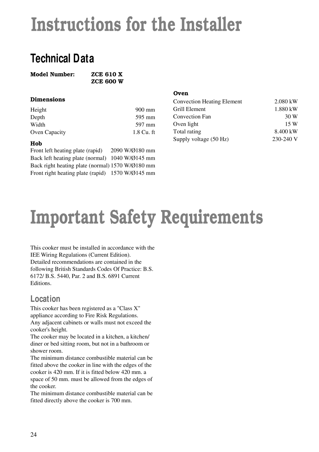 Zanussi ZCE 600 W, ZCE 610 X manual Instructions for the Installer, Important Safety Requirements, Location 