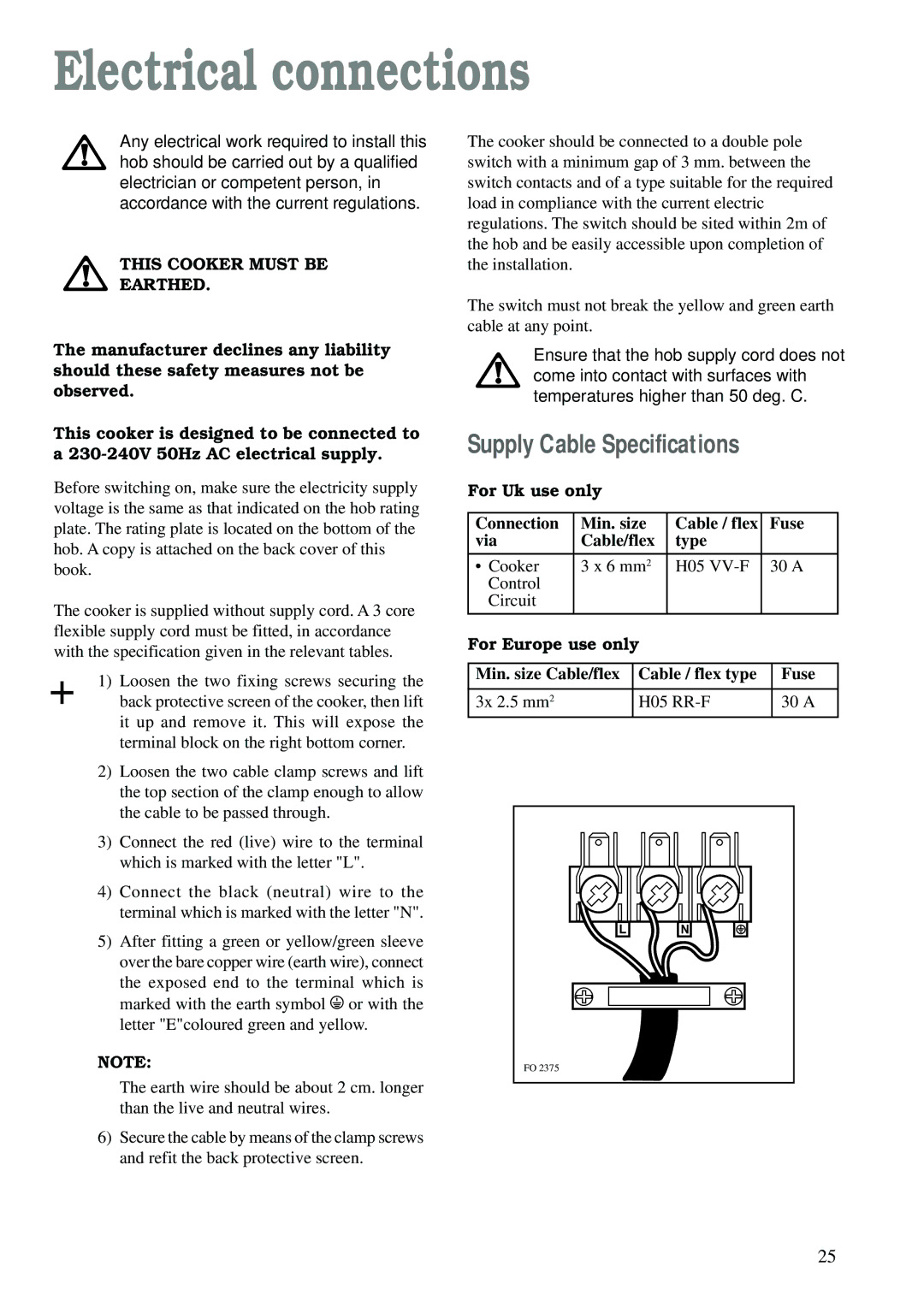 Zanussi ZCE 610 X, ZCE 600 W manual Electrical connections, Supply Cable Specifications, This Cooker Must be Earthed 