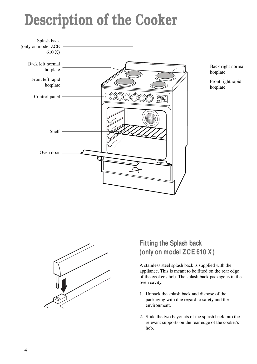 Zanussi ZCE 600 W, ZCE 610 X manual Description of the Cooker, Fitting the Splash back only on model ZCE 610 