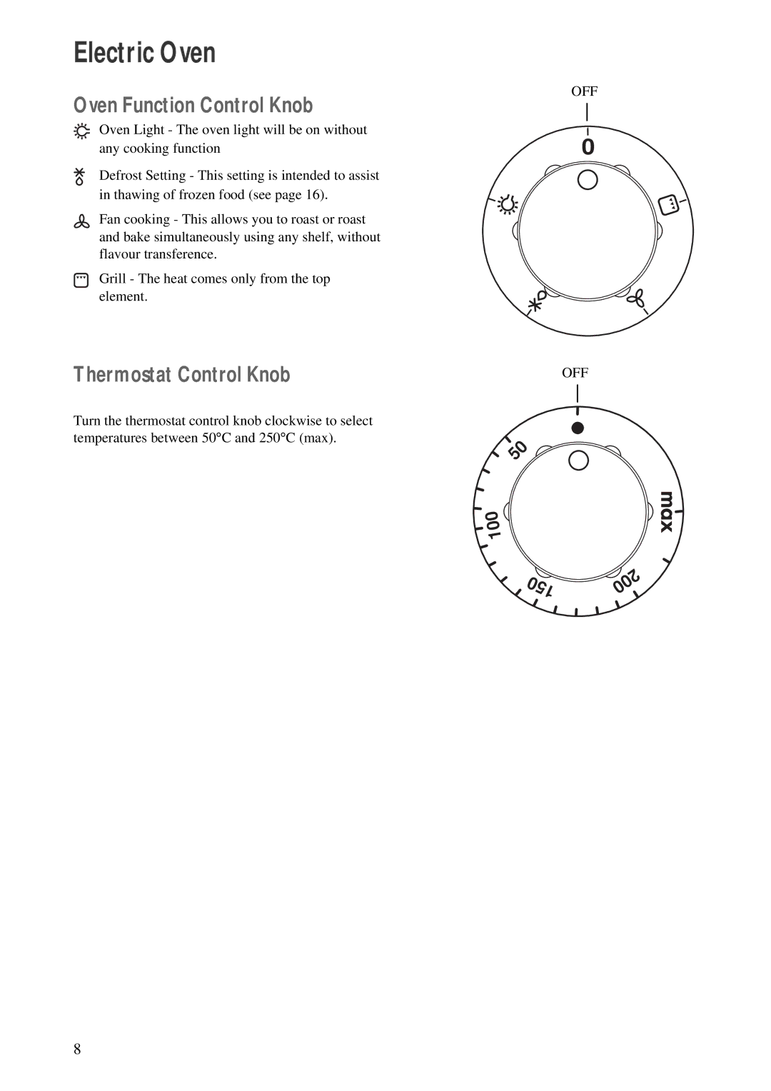 Zanussi ZCE 600 W, ZCE 610 X manual Electric Oven, Oven Function Control Knob, Thermostat Control Knob 