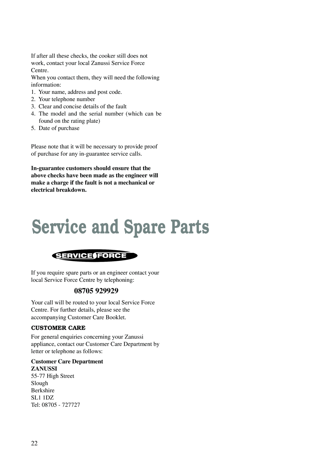 Zanussi ZCE 600 W, ZCE 610 X manual Service and Spare Parts, Customer Care Department ZANUSSI, 08705 