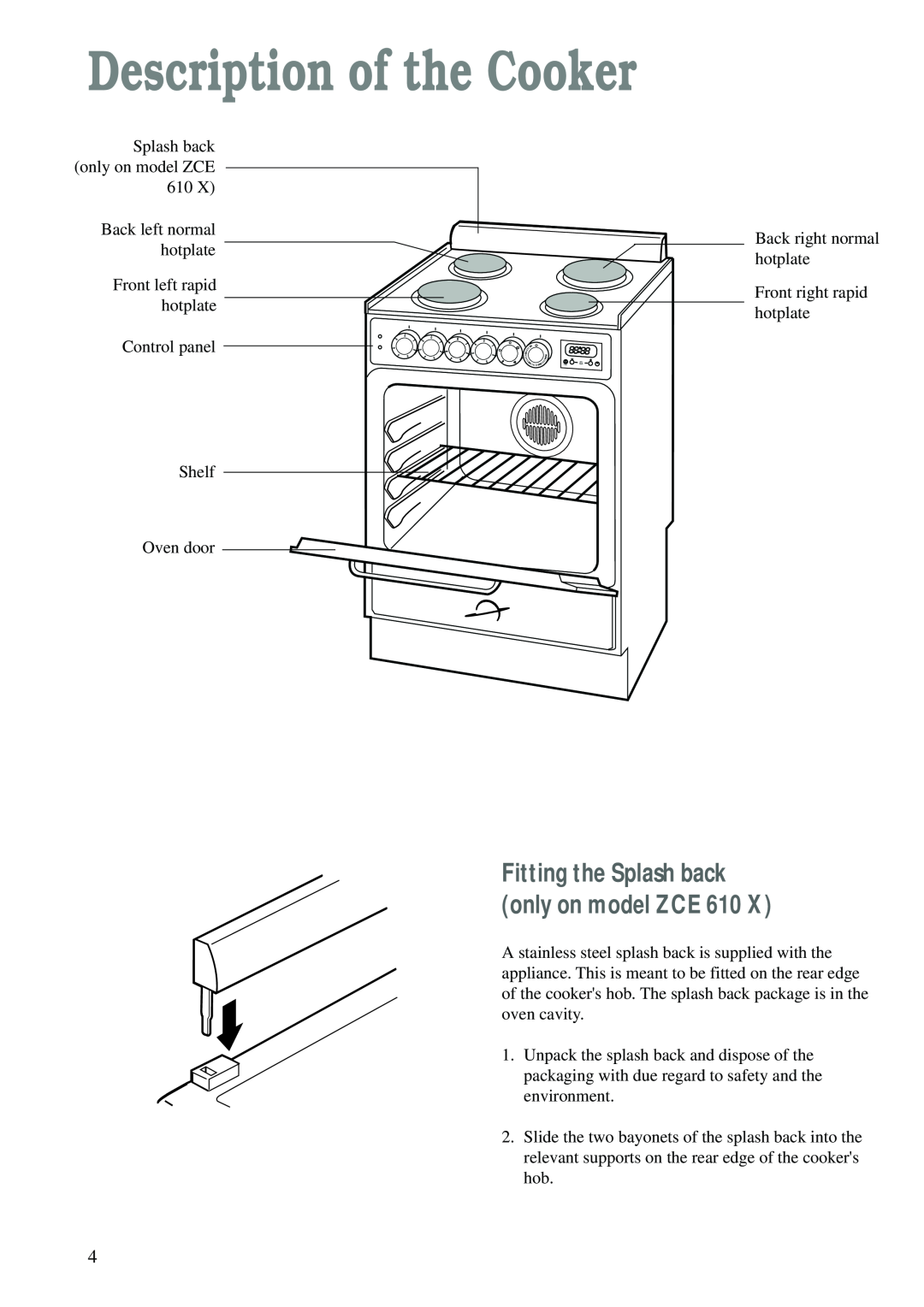Zanussi ZCE 600 W, ZCE 610 X manual Description of the Cooker, Fitting the Splash back only on model ZCE 