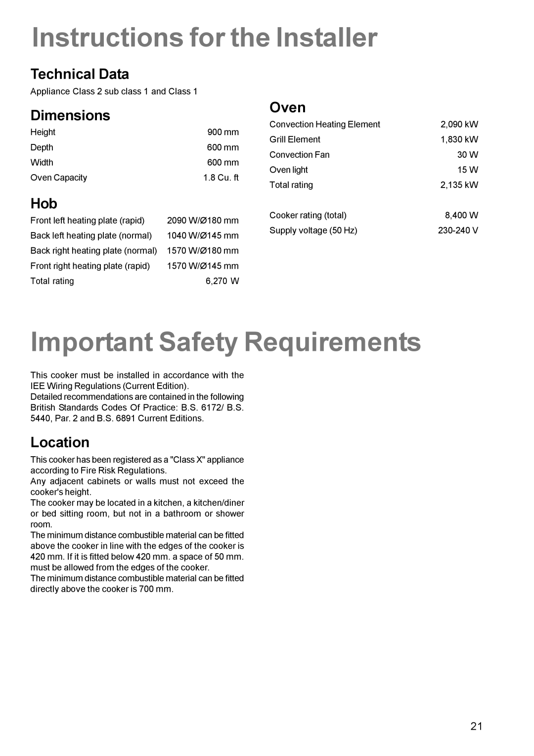 Zanussi ZCE 611 manual Instructions for the Installer, Important Safety Requirements 