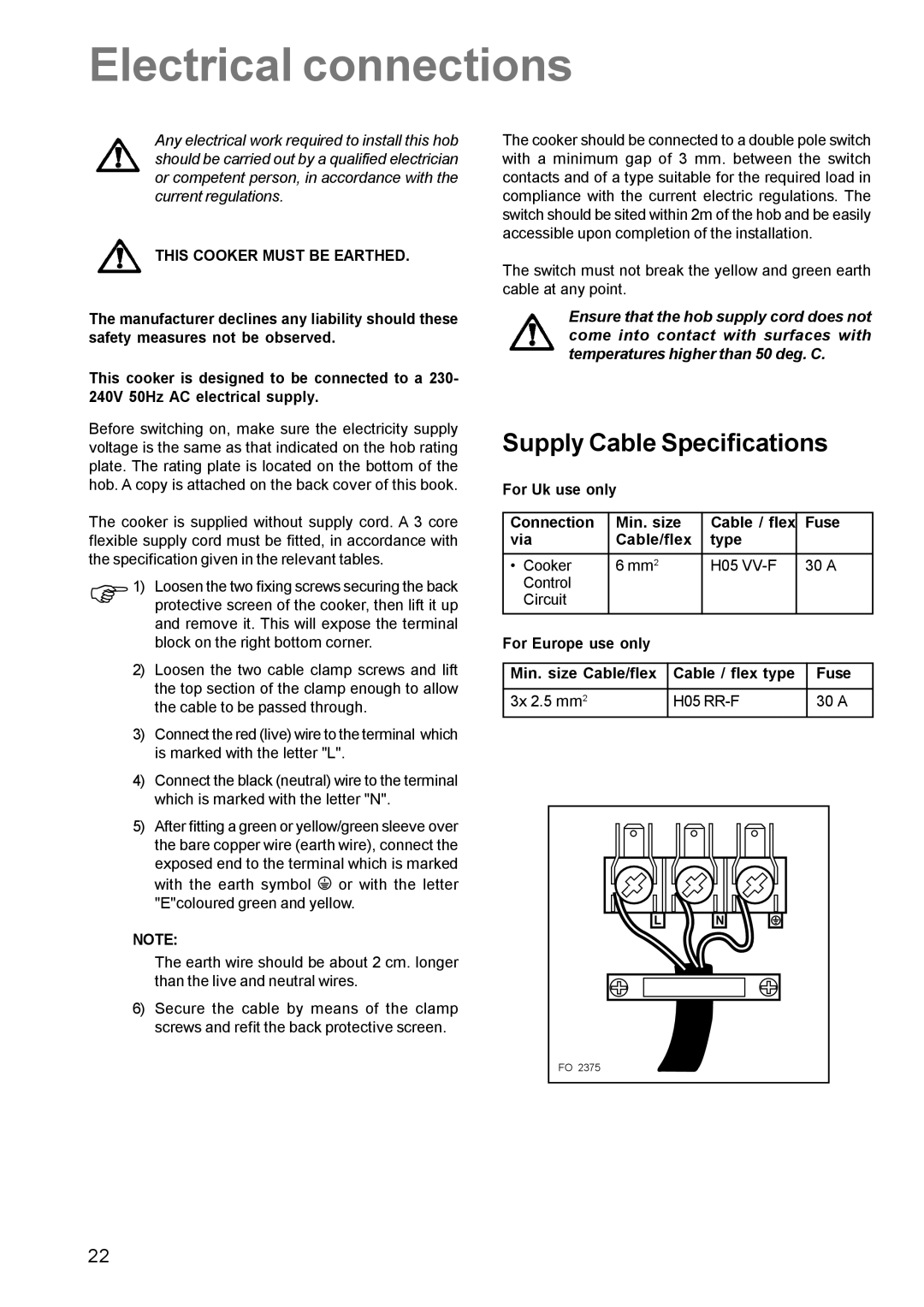 Zanussi ZCE 611 manual Electrical connections, Supply Cable Specifications, This Cooker Must be Earthed 