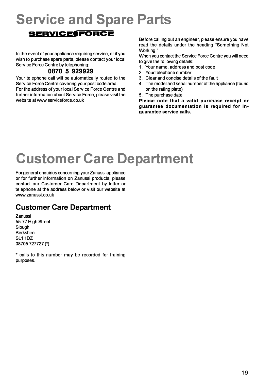 Zanussi ZCE 611 manual Service and Spare Parts, Customer Care Department, 0870 