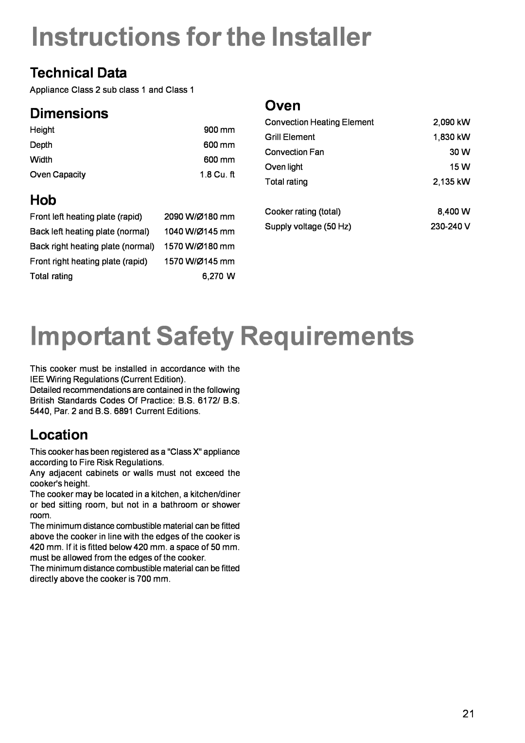 Zanussi ZCE 611 Instructions for the Installer, Important Safety Requirements, Technical Data, Dimensions, Oven, Location 