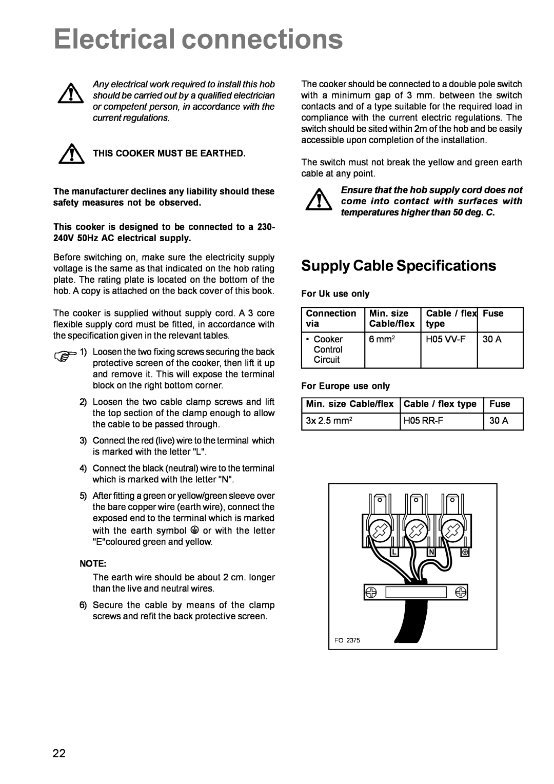 Zanussi ZCE 611 manual Electrical connections, Supply Cable Specifications 