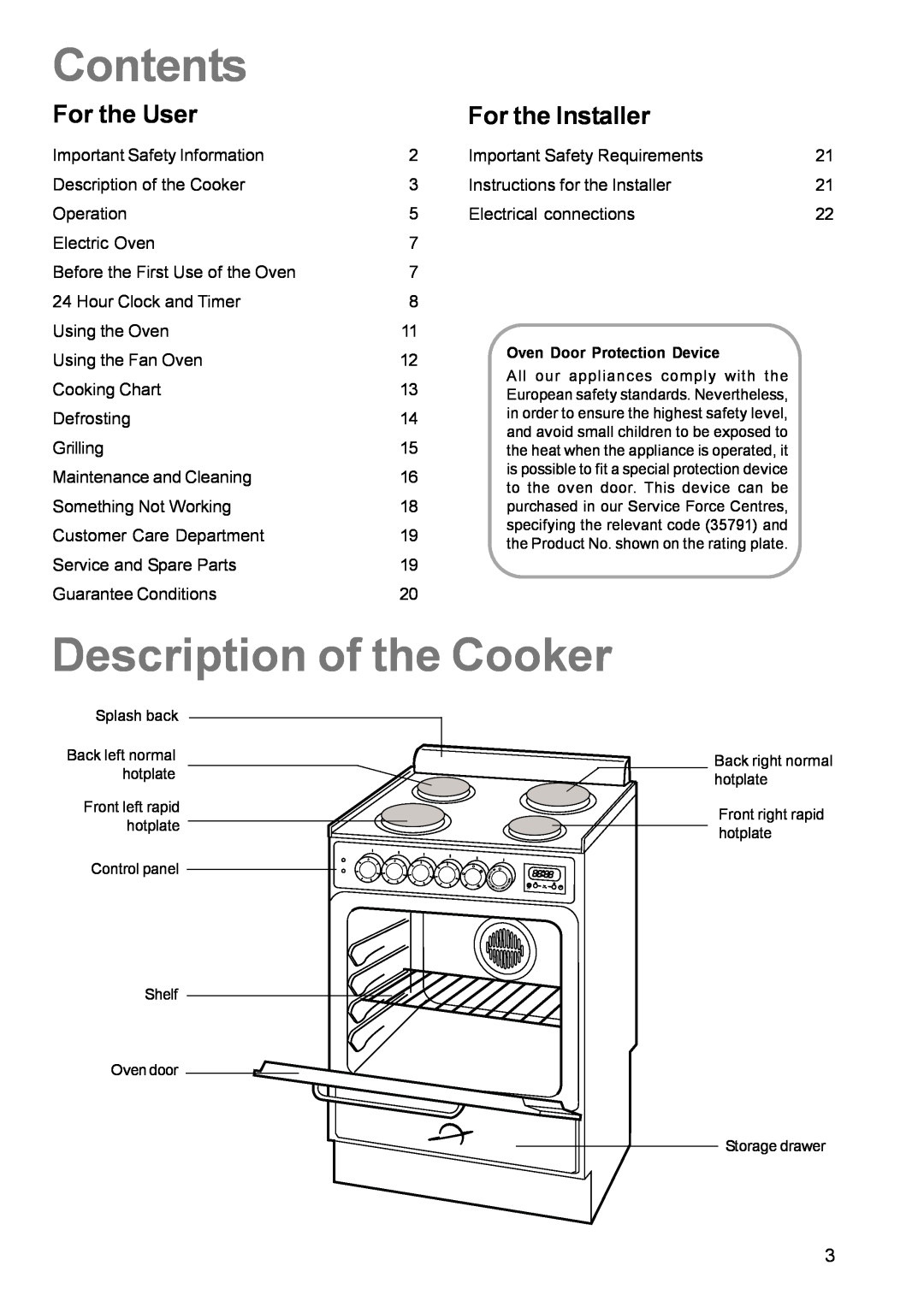 Zanussi ZCE 611 manual Contents, Description of the Cooker, For the User, For the Installer 