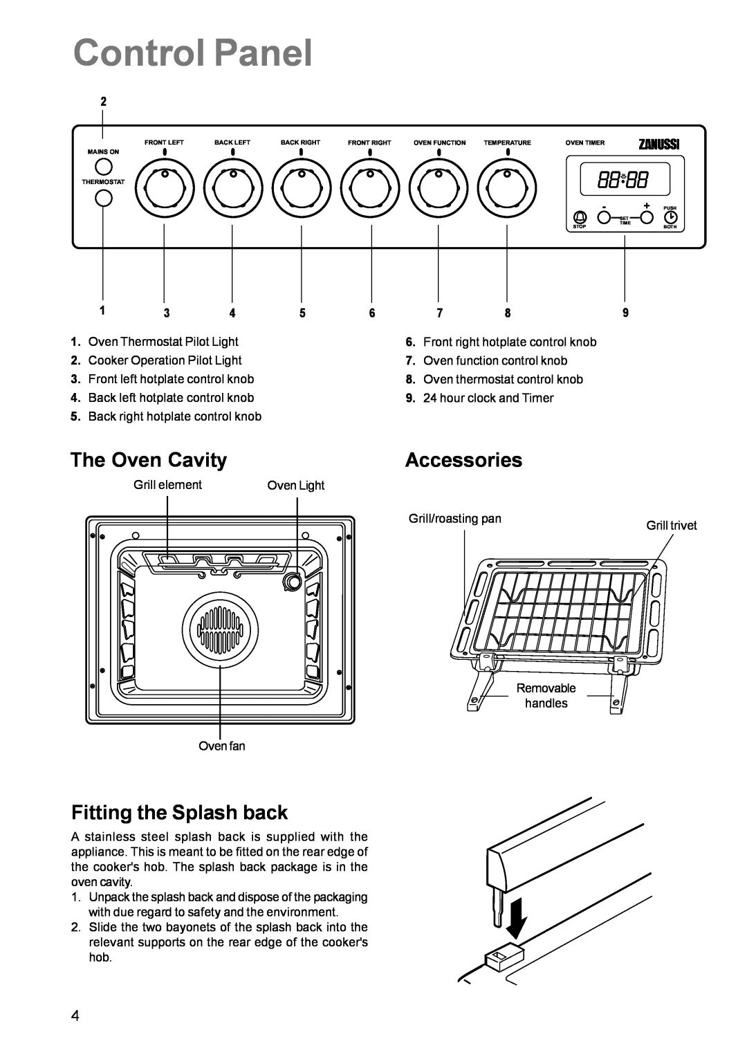 Zanussi ZCE 611 manual Control Panel, The Oven Cavity, Accessories, Fitting the Splash back 