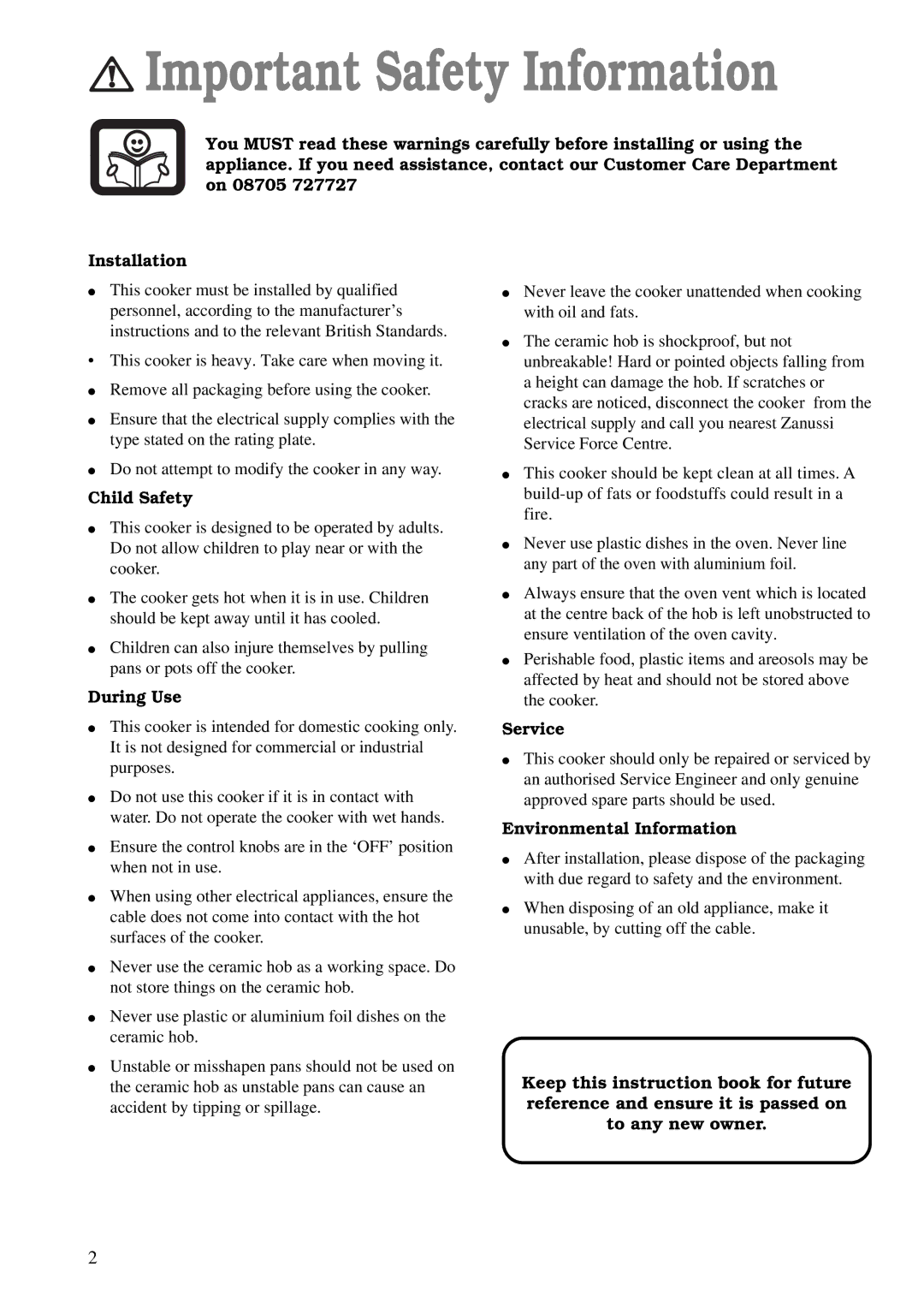 Zanussi ZCE 620 X manual Important Safety Information, Child Safety, During Use, Service, Environmental Information 