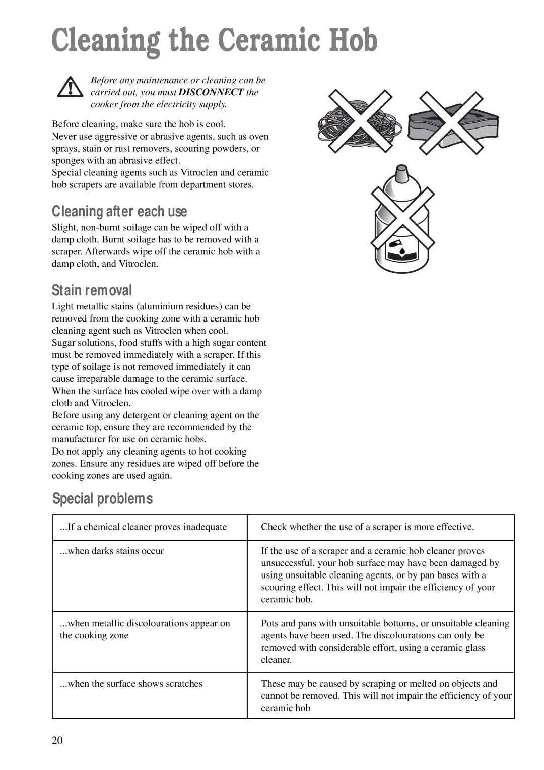Zanussi ZCE 620 X manual Cleaning the Ceramic Hob, Cleaning after each use, Stain removal, Special problems 