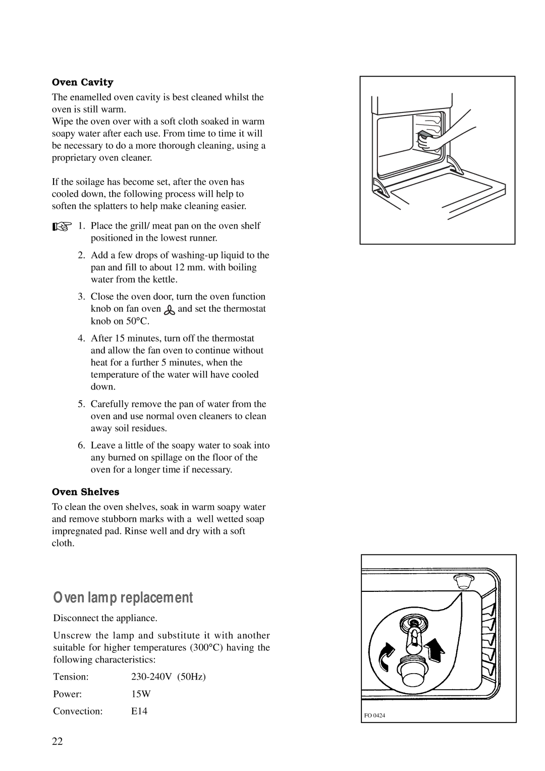 Zanussi ZCE 620 X manual Oven lamp replacement, Oven Cavity, Oven Shelves 