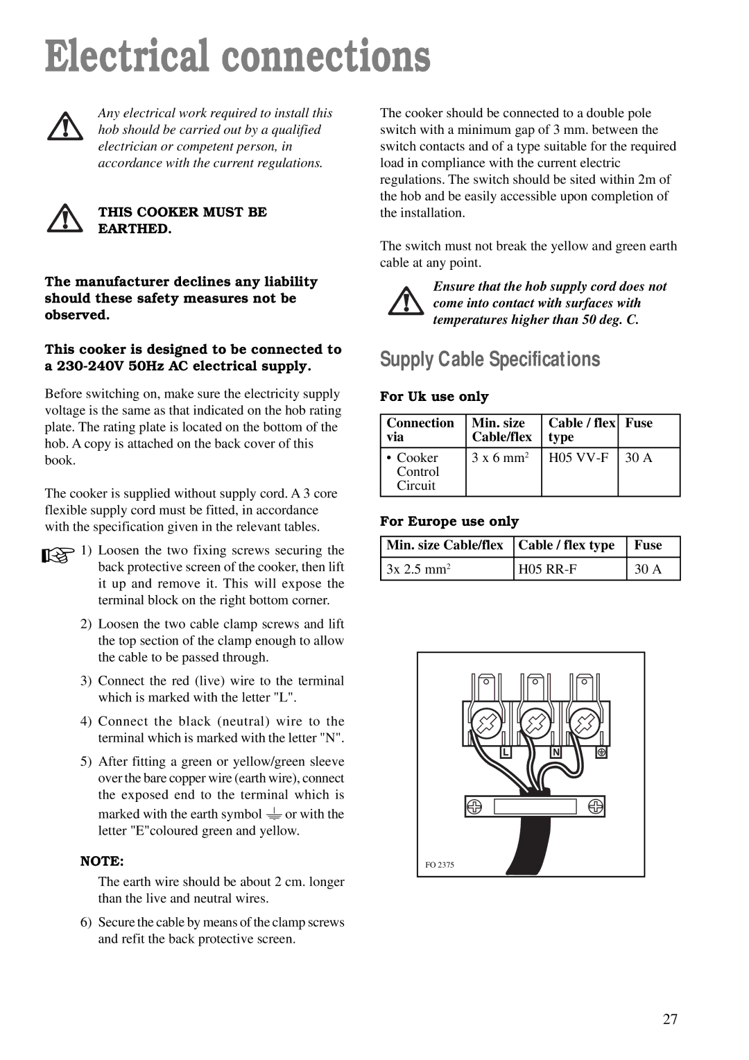 Zanussi ZCE 620 X manual Electrical connections, Supply Cable Specifications, This Cooker Must be Earthed 