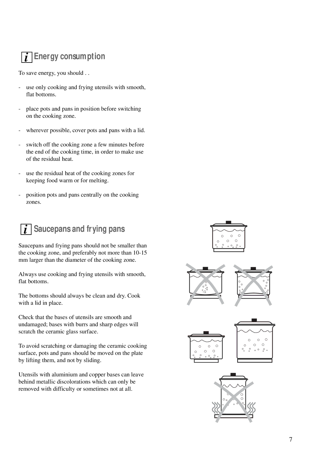 Zanussi ZCE 620 X manual Energy consumption, Saucepans and frying pans 