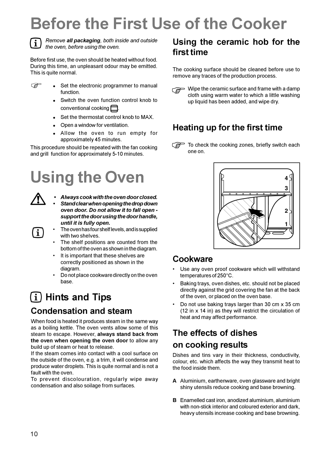 Zanussi ZCE 630 manual Before the First Use of the Cooker, Using the Oven 