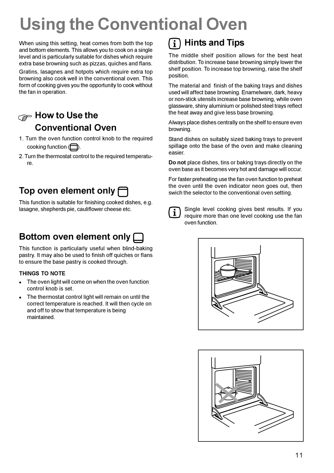 Zanussi ZCE 630 manual Using the Conventional Oven, How to Use the Conventional Oven, Top oven element only, Hints and Tips 