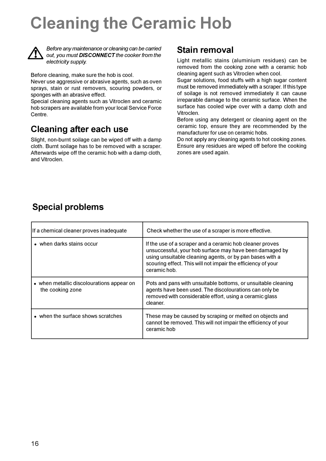 Zanussi ZCE 630 manual Cleaning the Ceramic Hob, Cleaning after each use, Special problems Stain removal 