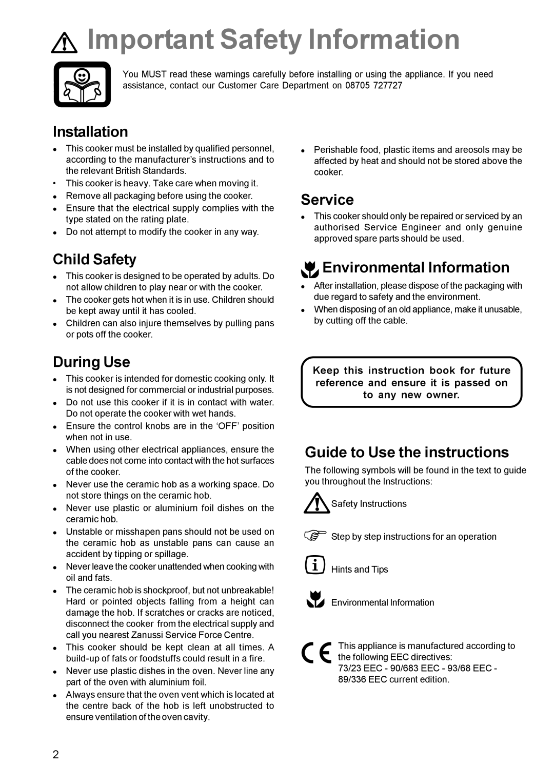 Zanussi ZCE 630 manual Important Safety Information 