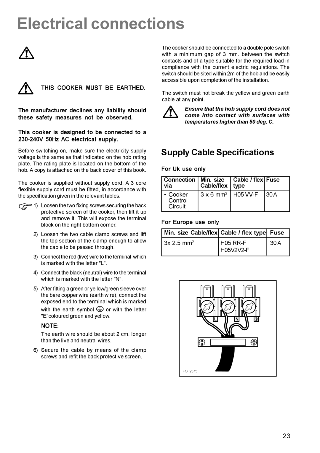 Zanussi ZCE 630 manual Electrical connections, Supply Cable Specifications 