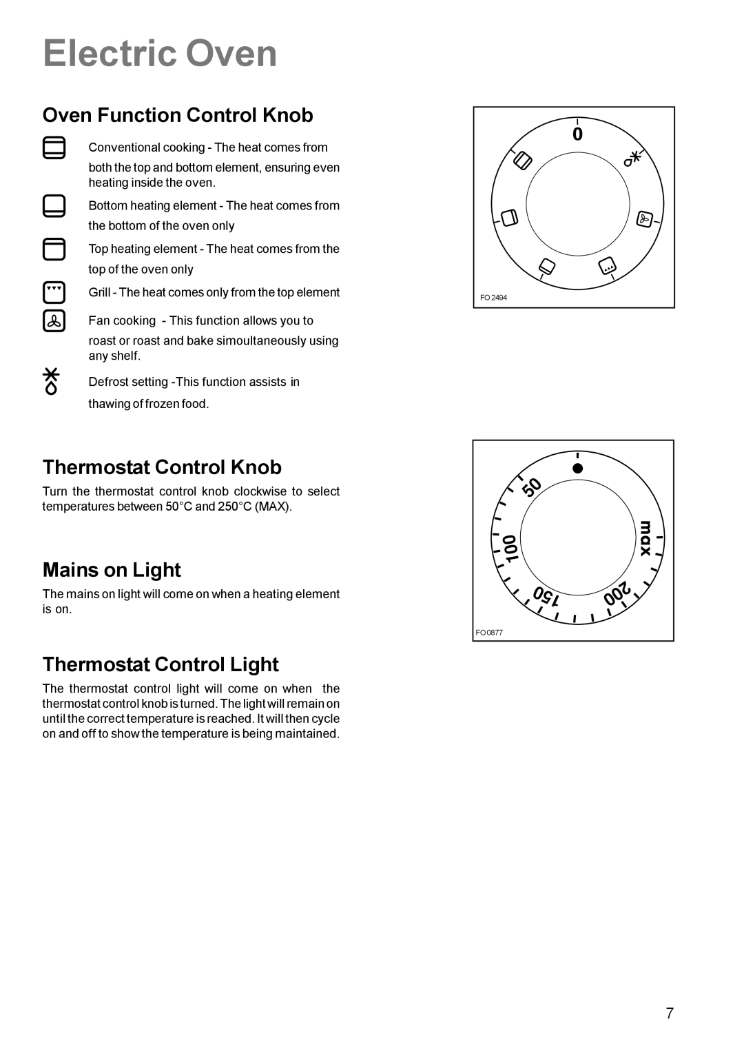 Zanussi ZCE 630 manual Electric Oven, Oven Function Control Knob, Thermostat Control Knob, Mains on Light 