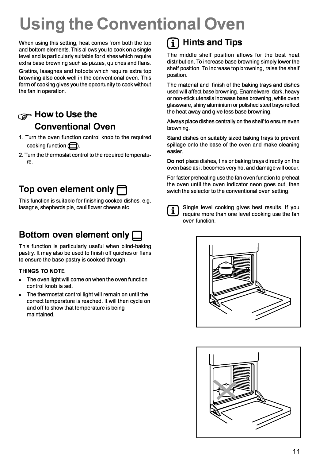 Zanussi ZCE 630 Using the Conventional Oven, Φ How to Use the Conventional Oven, Top oven element only, Hints and Tips 