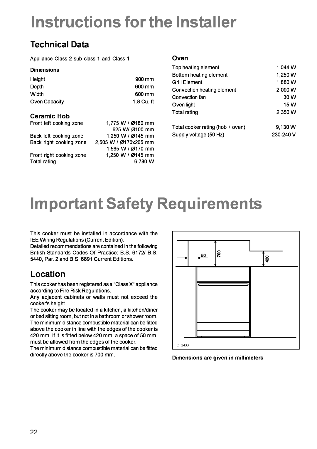 Zanussi ZCE 630 Instructions for the Installer, Important Safety Requirements, Technical Data, Location, Oven, Ceramic Hob 