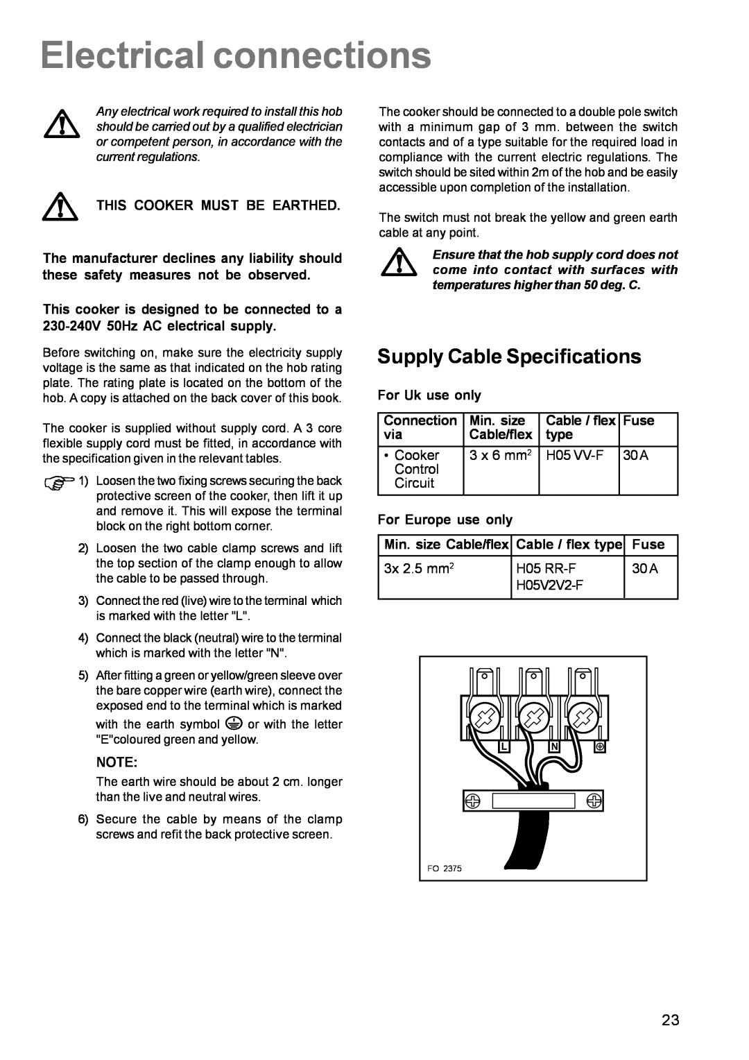 Zanussi ZCE 630 manual Electrical connections, Supply Cable Specifications 