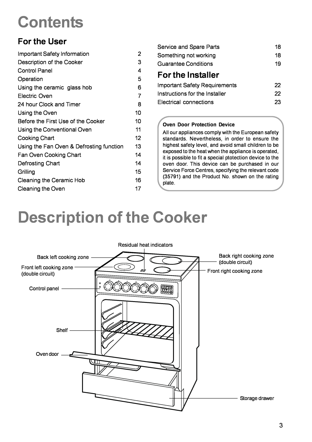 Zanussi ZCE 630 manual Contents, Description of the Cooker, For the User, For the Installer 