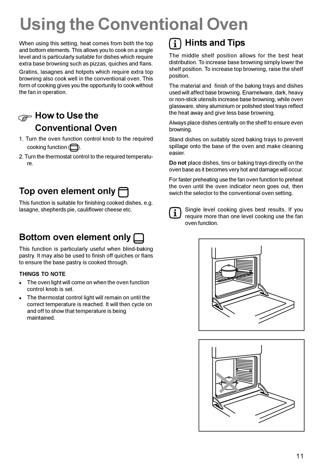 Zanussi ZCE 631 manual Using the Conventional Oven, How to Use the Conventional Oven, Top oven element only, Hints and Tips 