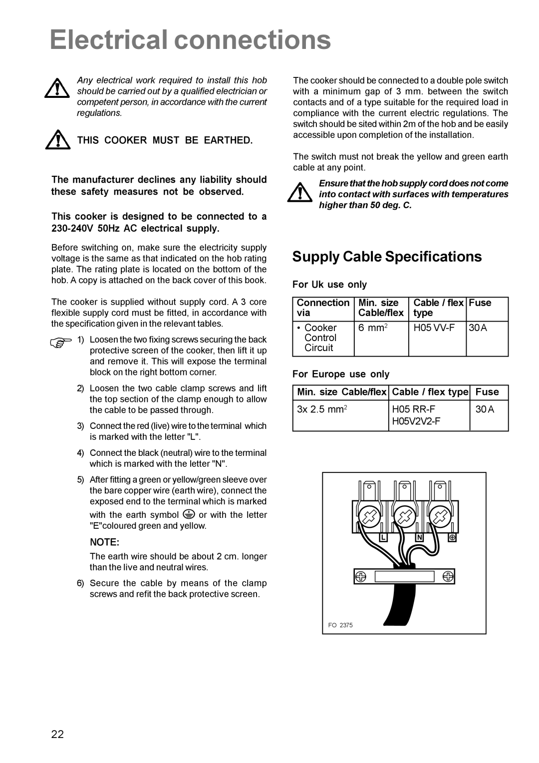 Zanussi ZCE 631 manual Electrical connections, Supply Cable Specifications 