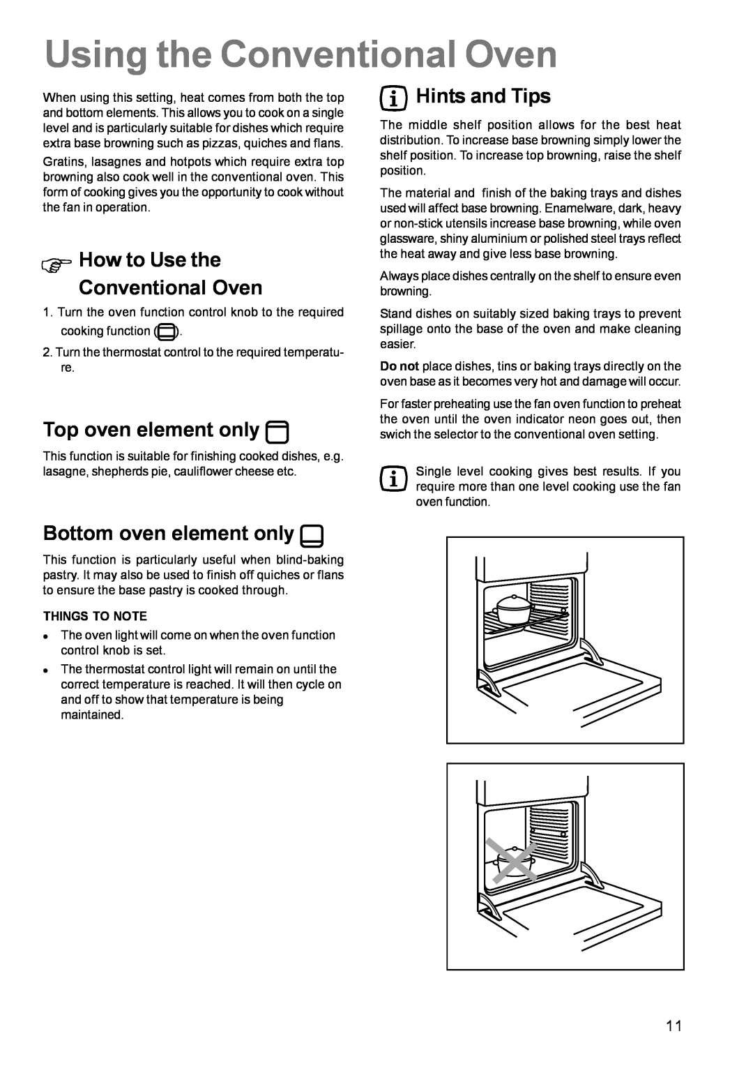 Zanussi ZCE 631 Using the Conventional Oven, Φ How to Use the Conventional Oven, Top oven element only, Hints and Tips 
