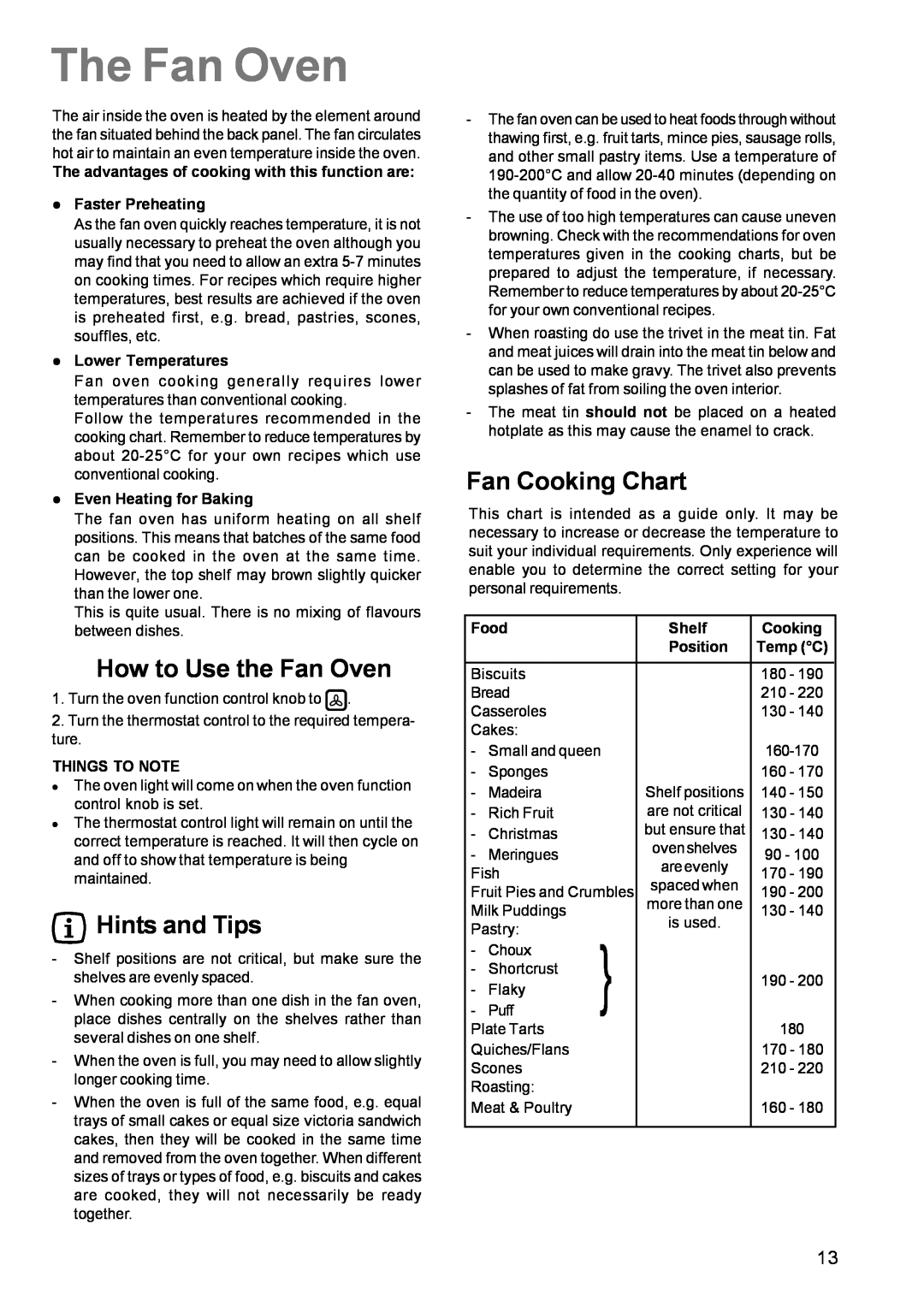 Zanussi ZCE 631 manual The Fan Oven, How to Use the Fan Oven, Fan Cooking Chart, Hints and Tips 