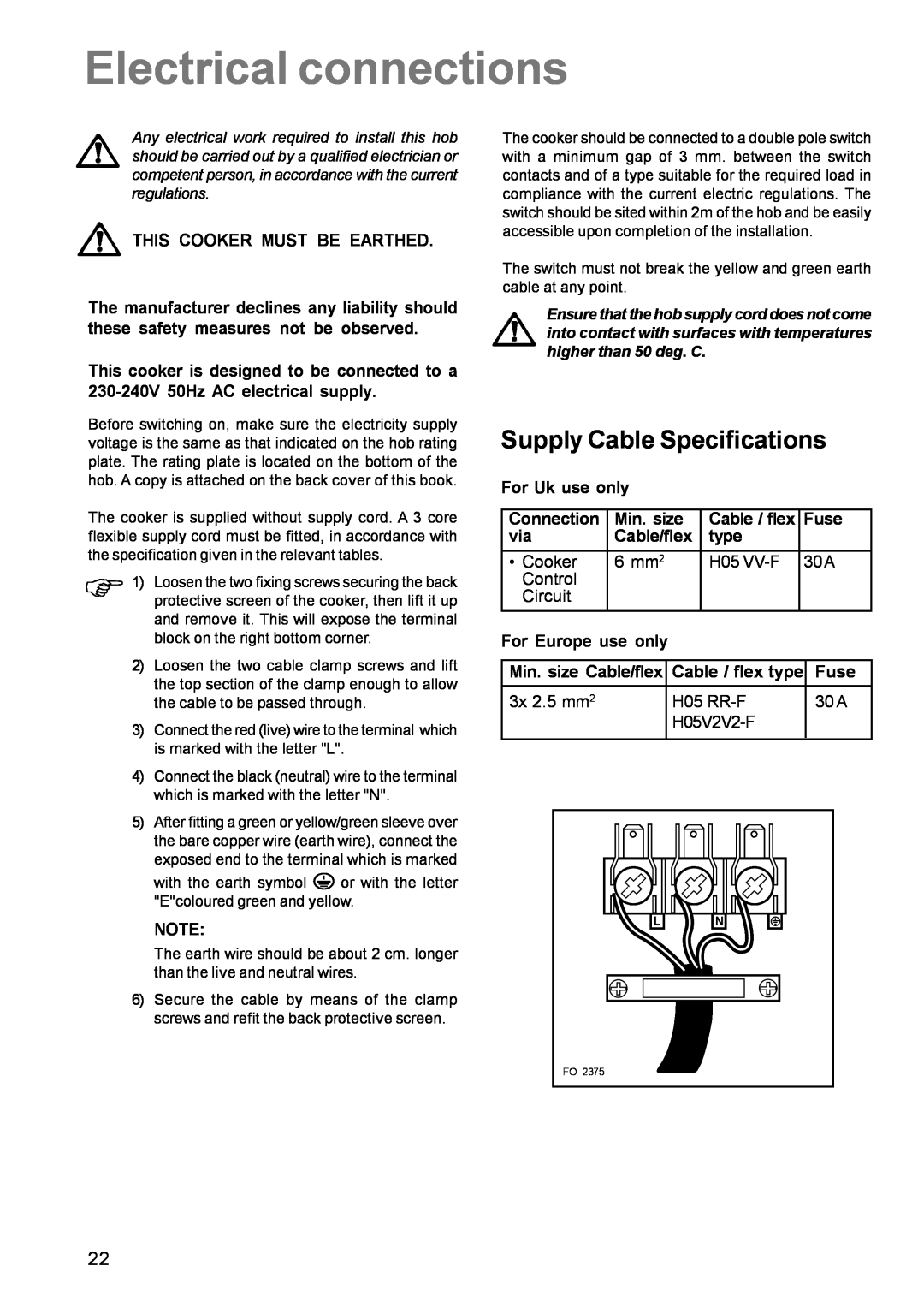Zanussi ZCE 631 manual Electrical connections, Supply Cable Specifications 