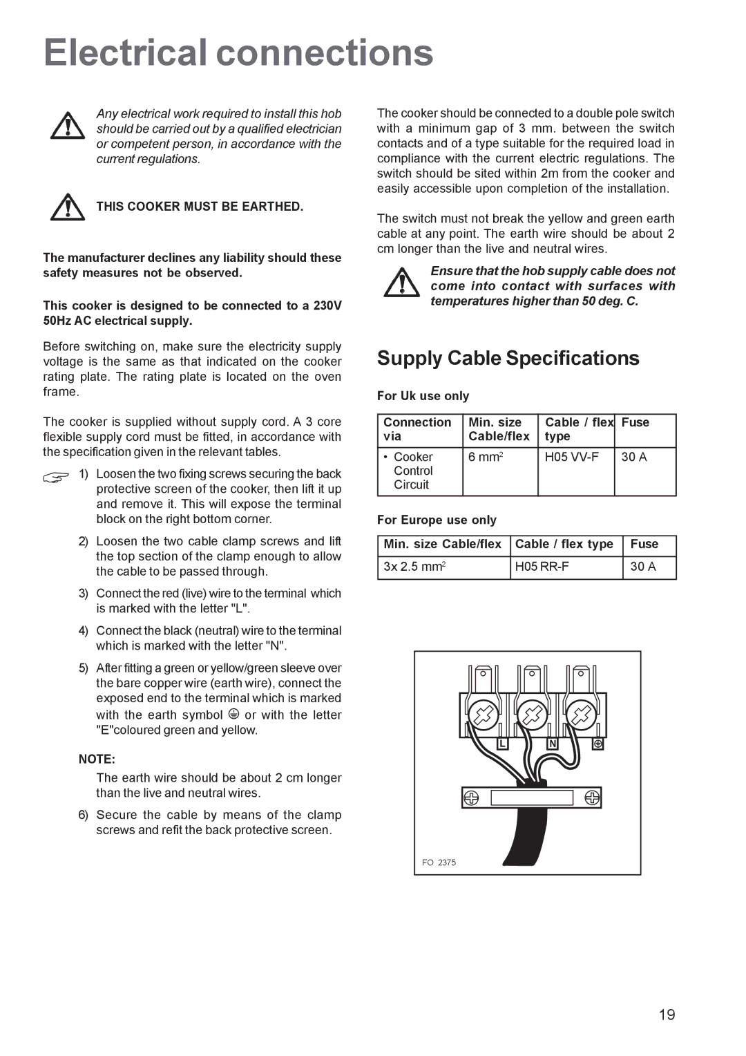 Zanussi ZCE 640, ZCE 641 manual Electrical connections, Supply Cable Specifications 