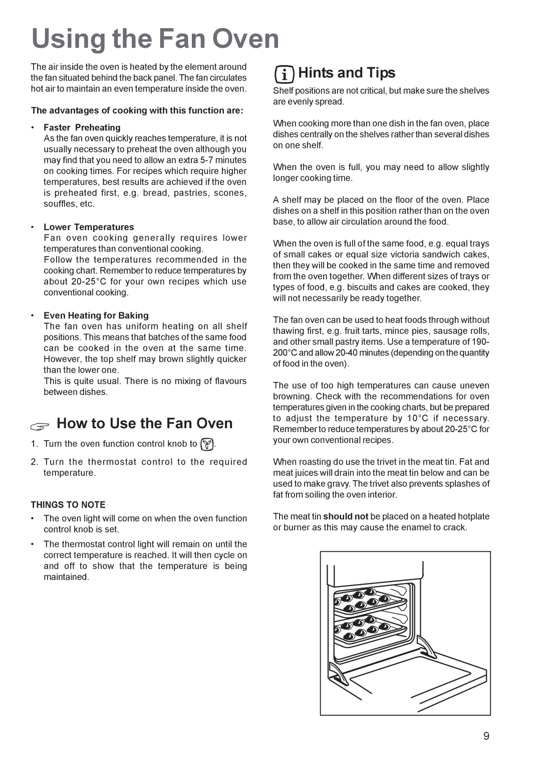 Zanussi ZCE 640 Using the Fan Oven, How to Use the Fan Oven, Hints and Tips, Lower Temperatures, Even Heating for Baking 