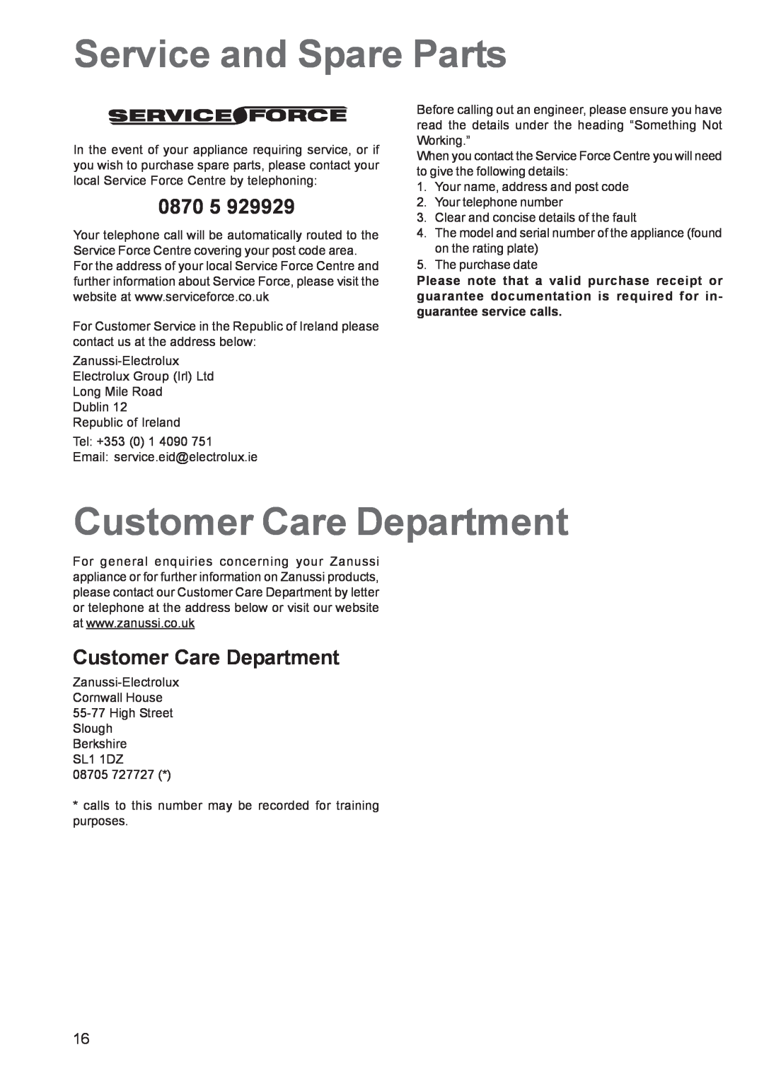 Zanussi ZCE 641, ZCE 640 manual Service and Spare Parts, Customer Care Department, 0870 