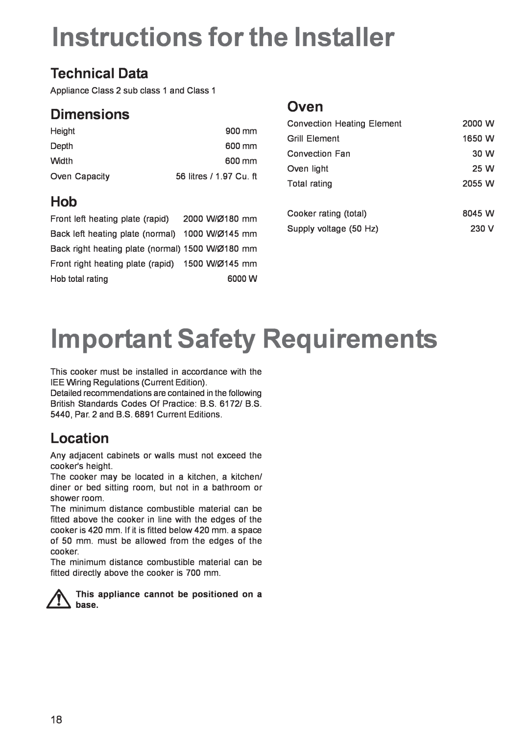 Zanussi ZCE 641 Instructions for the Installer, Important Safety Requirements, Technical Data, Dimensions, Oven, Location 