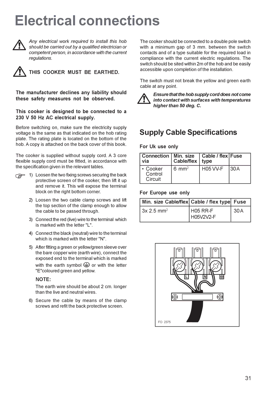 Zanussi ZCE 651, ZCE 650 manual Electrical connections, Supply Cable Specifications, Min. size Cable/flex 