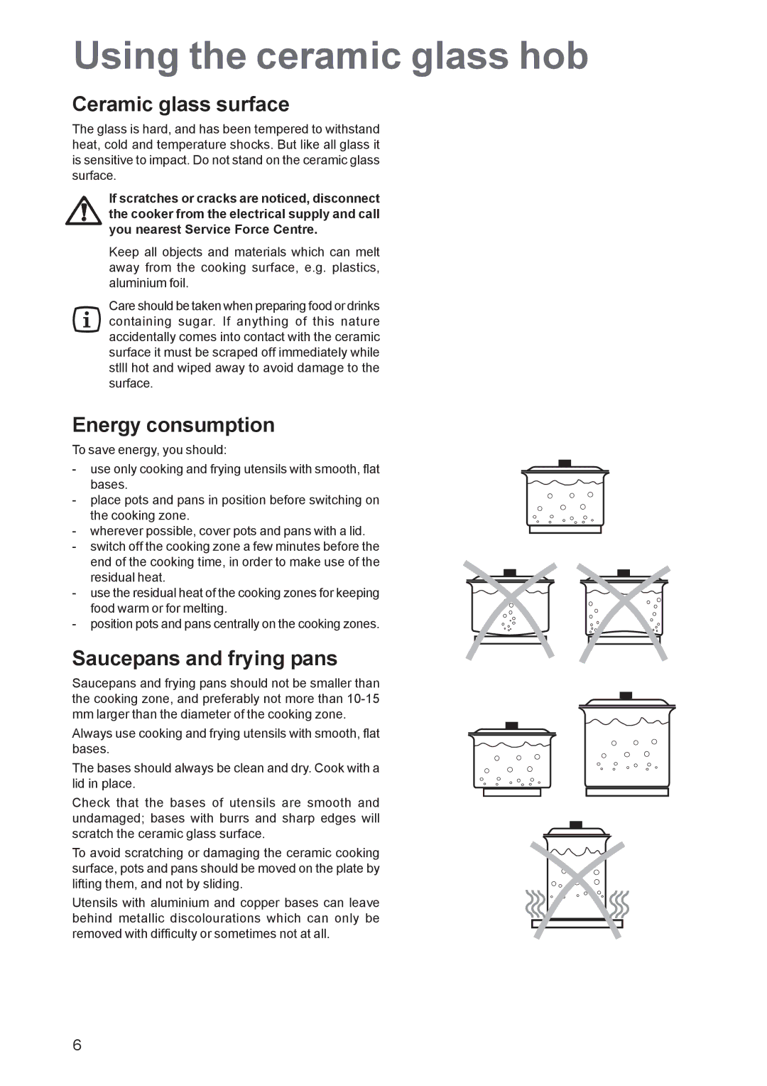 Zanussi ZCE 650, ZCE 651 Using the ceramic glass hob, Ceramic glass surface, Energy consumption, Saucepans and frying pans 