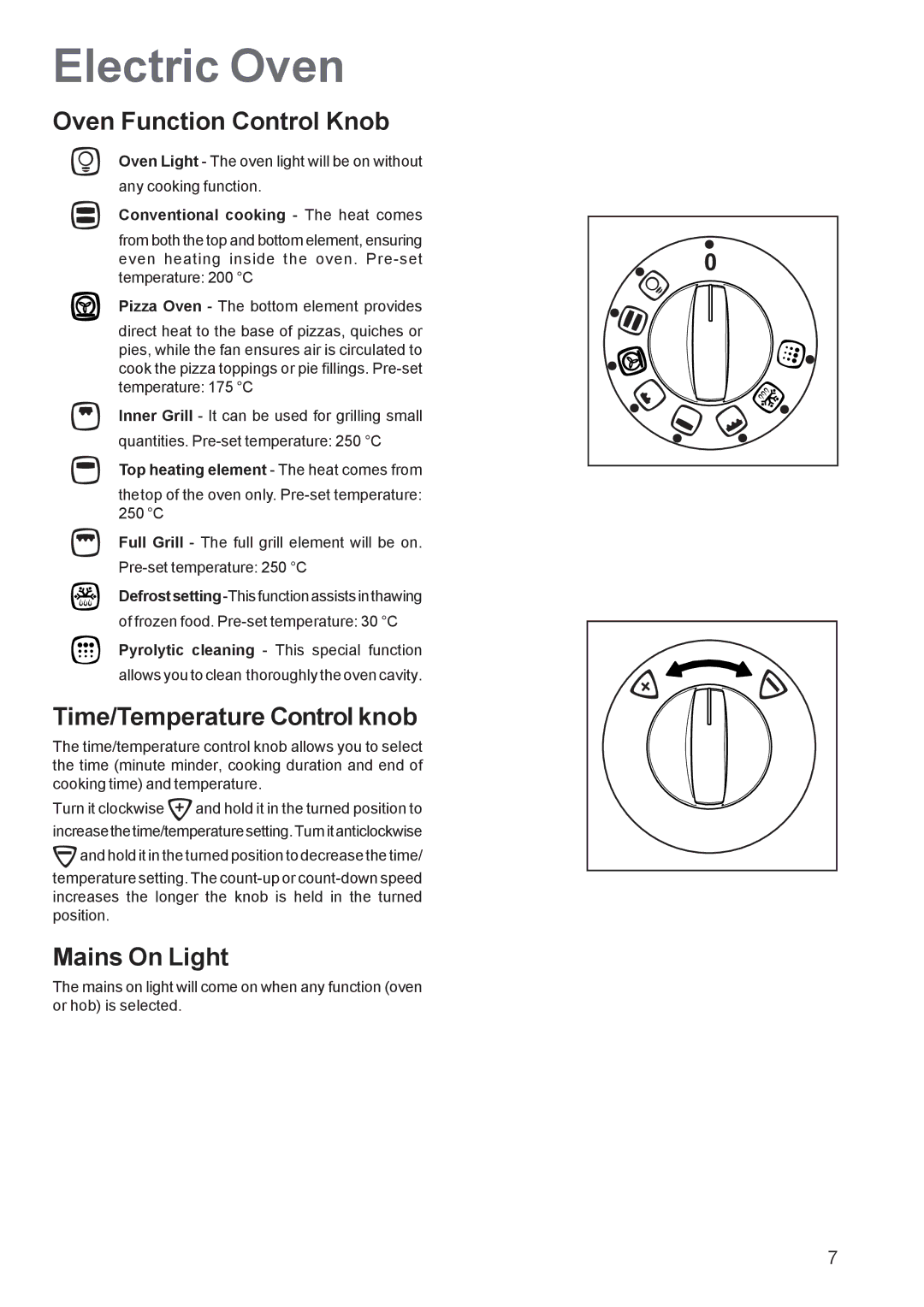 Zanussi ZCE 651, ZCE 650 manual Electric Oven, Oven Function Control Knob, Time/Temperature Control knob 