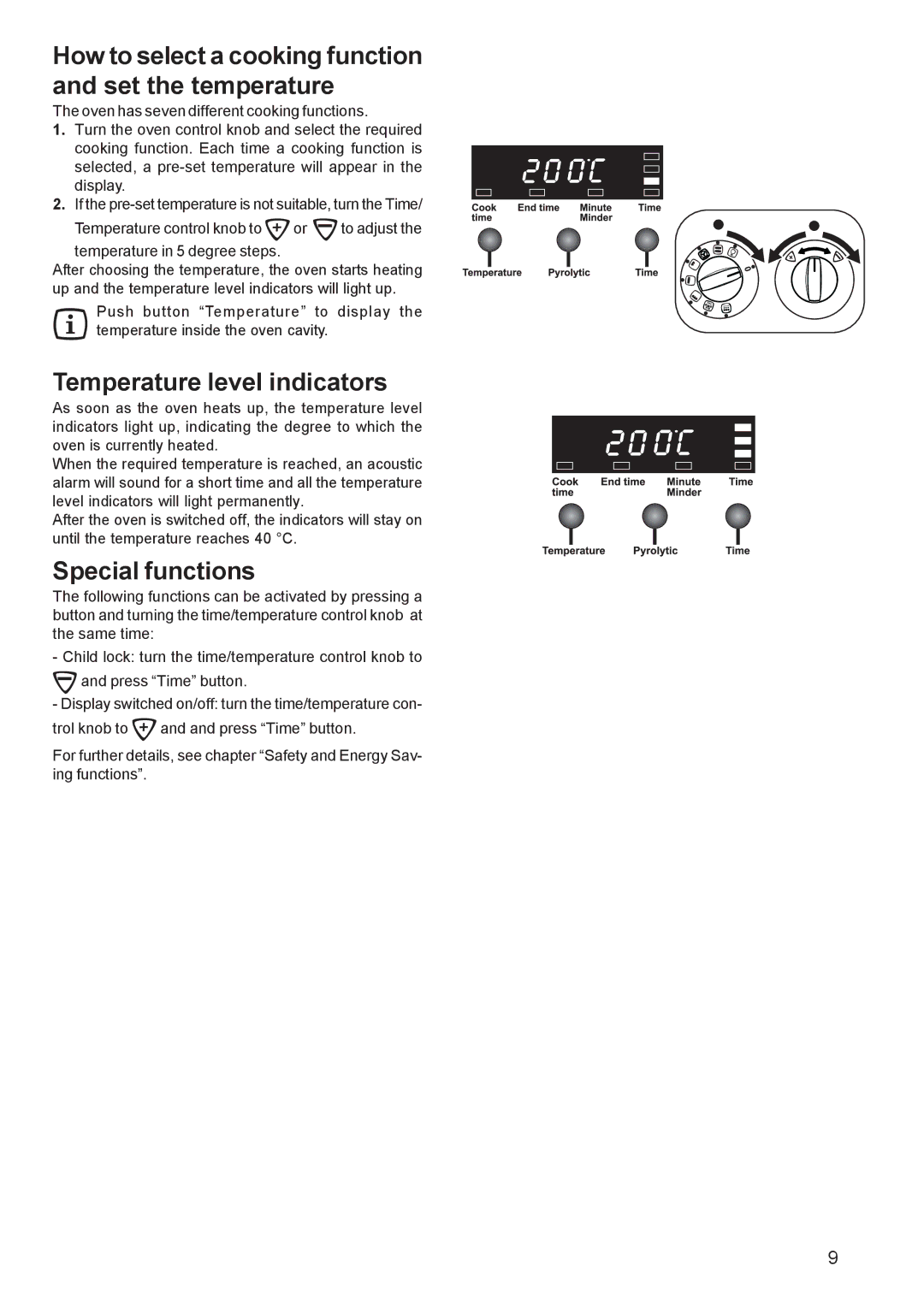 Zanussi ZCE 651, ZCE 650 manual Temperature level indicators, Special functions 