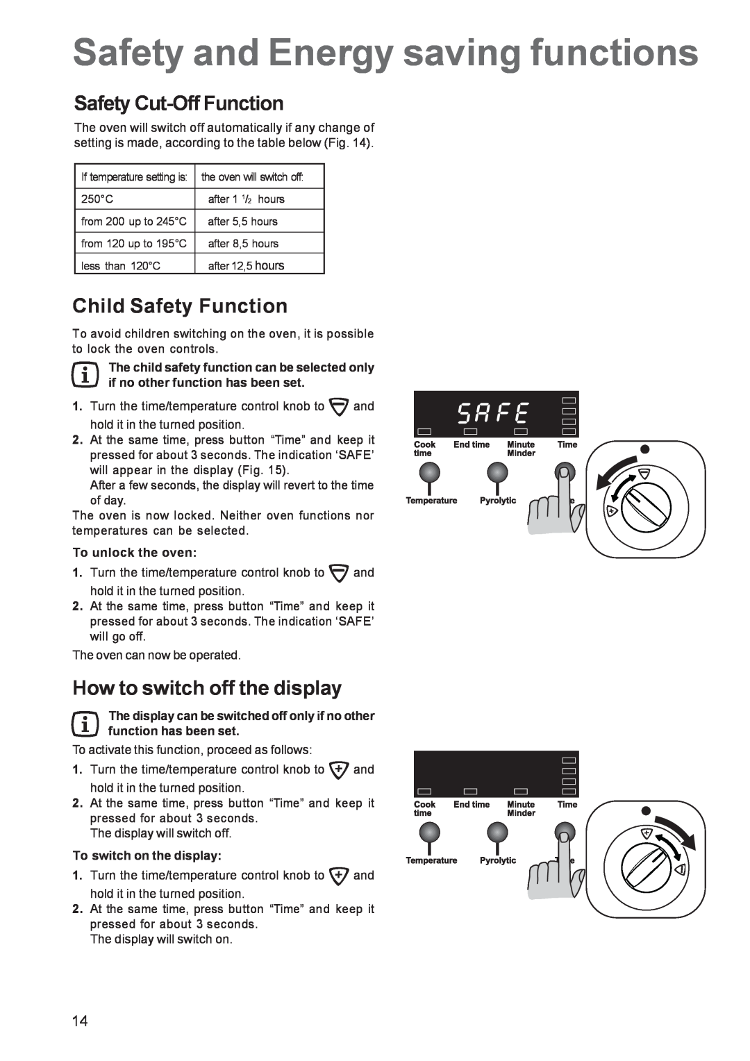 Zanussi ZCE 650 Safety and Energy saving functions, Safety Cut-Off Function, Child Safety Function, To unlock the oven 