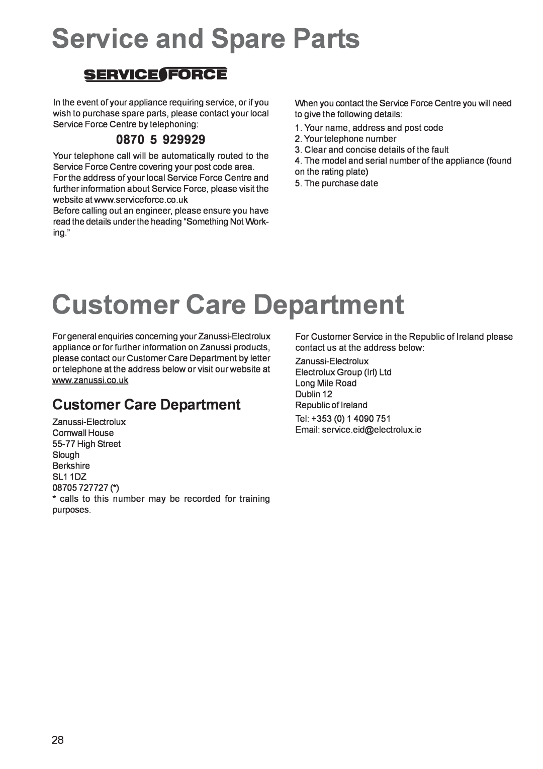 Zanussi ZCE 650, ZCE 651 manual Service and Spare Parts, Customer Care Department, 0870 