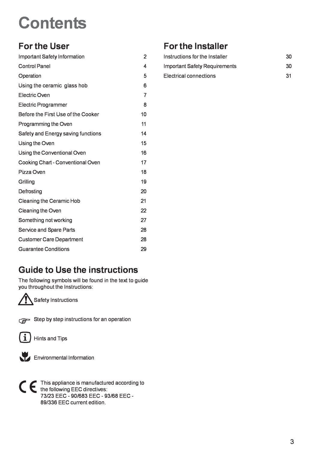 Zanussi ZCE 651, ZCE 650 manual Contents, For the User, For the Installer, Guide to Use the instructions 
